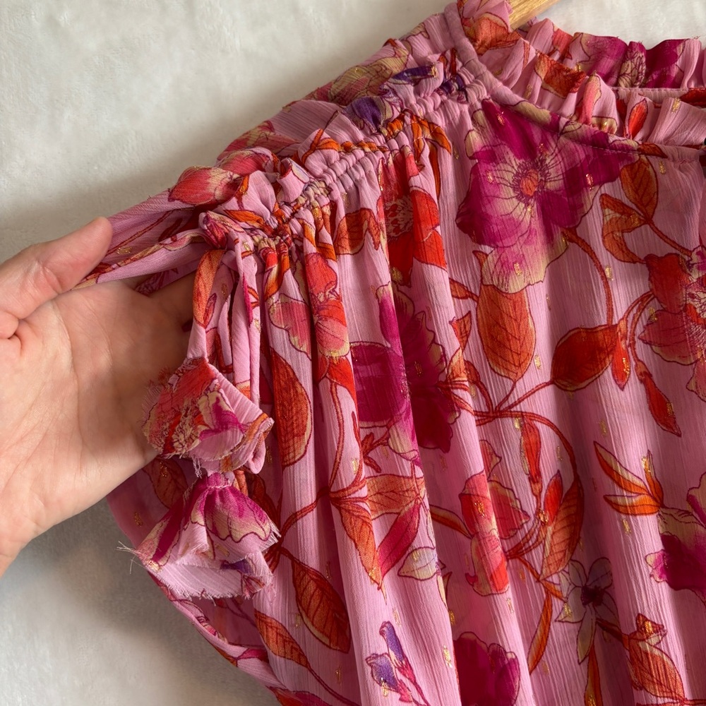 MISA Los Angeles Dominique pink Floral Chiffon Split-Neck Mini Dress size Medium - Picture 4 of 12
